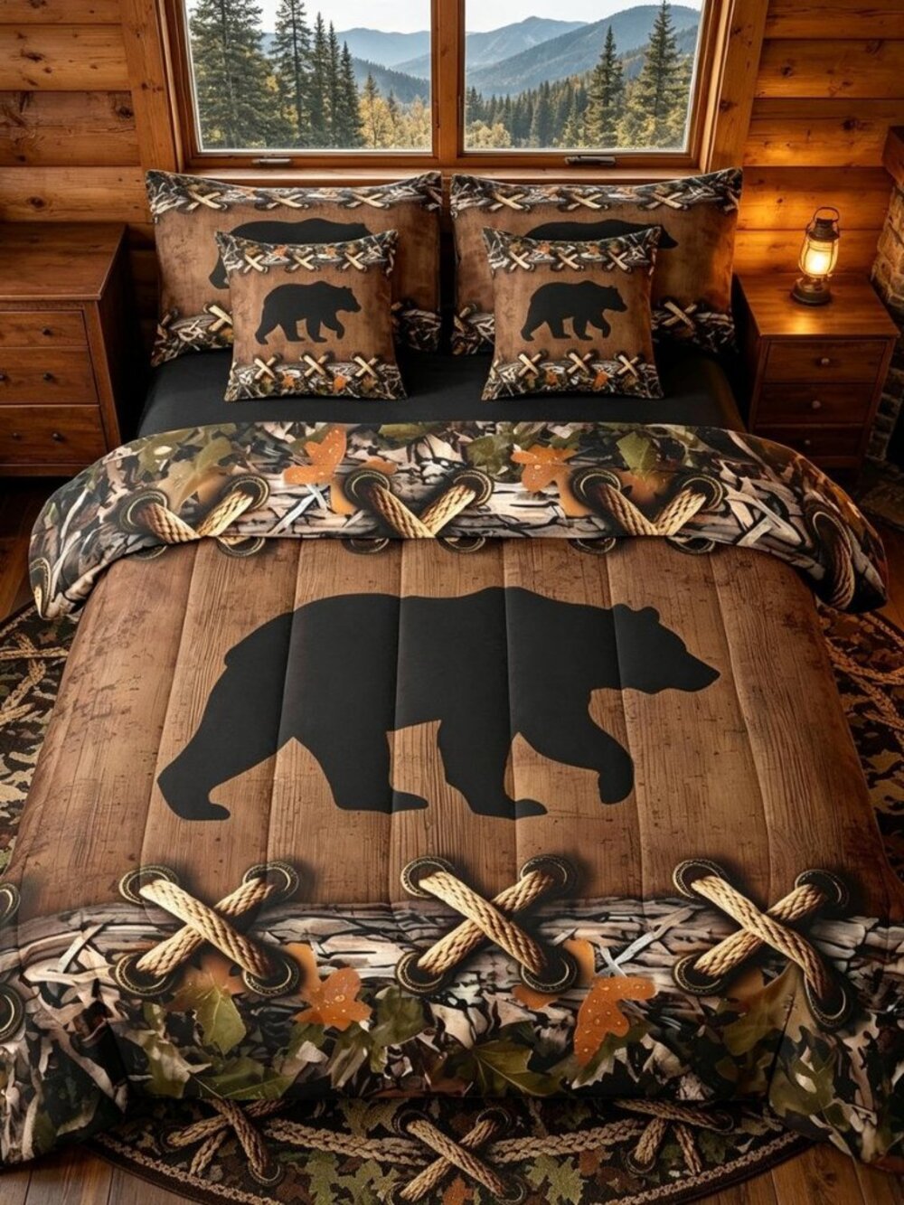 Bear Cabin Camo Comforter Set Queen Size Kids Boys Girls